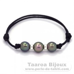 Waxed Cotton Bracelet and 3 Tahitian Pearls Semi-Baroque C  9 to 9.2 mm