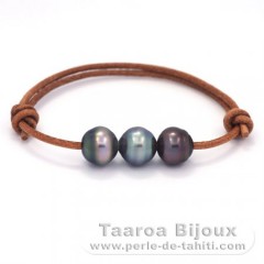 Leather Bracelet and 3 Tahitian Pearls Ringed C  10.5 to 10.8 mm