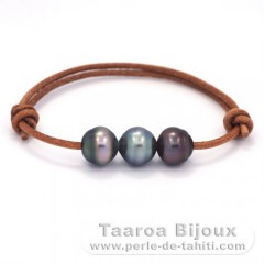 Leather Bracelet and 3 Tahitian Pearls Ringed C  10.5 to 10.8 mm