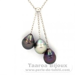 Rhodiated Sterling Silver Necklace and 3 Tahitian Pearls Ringed B  8.8 to 8.9 mm