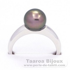 Rhodiated Sterling Silver Ring and 1 Tahitian Pearl Round B 8.7 mm