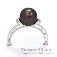 Rhodiated Sterling Silver Ring and 1 Tahitian Pearl Round B 8.8 mm