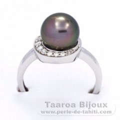 Rhodiated Sterling Silver Ring and 1 Tahitian Pearl Round C 8.8 mm