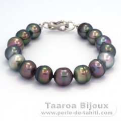 Bracelet with 15 Tahitian Pearls Ringed B  10 to 10.4 mm and Rhodiated Sterling Silver