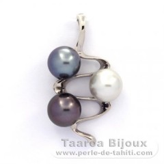 Rhodiated Sterling Silver Pendant and 3 Tahitian Pearls Near-Round C 9 mm