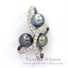 Rhodiated Sterling Silver Pendant and 3 Tahitian Pearls Round C  8.7 to 8.9 mm