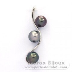 Rhodiated Sterling Silver Pendant and 3 Tahitian Pearls Round C  8 to 8.1 mm