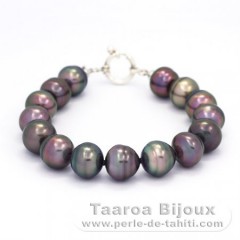 Bracelet with 15 Tahitian Pearls Ringed B 11 to 11.2 mm and Rhodiated Sterling Silver