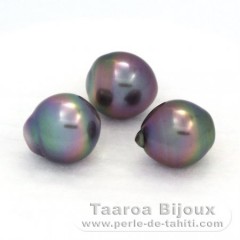 Lot of 3 Tahitian Pearls Semi-Baroque B from 8.8 to 9 mm