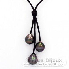 Leather Necklace and 3 Tahitian Pearls Ringed C  10.4 to 10.6 mm