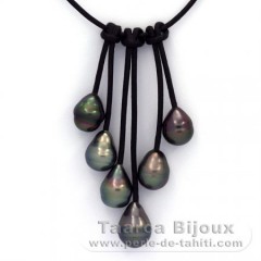 Leather Necklace and 6 Tahitian Pearls Ringed B  9 to 9.5 mm