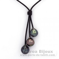 Leather Necklace and 3 Tahitian Pearls Ringed C  10 to 10.5 mm