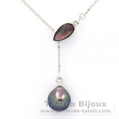 Rhodiated Sterling Silver Necklace and 1 Tahitian Pearl Semi-Baroque A 9.1 mm