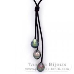 Leather Necklace and 3 Tahitian Pearls Ringed B  9.5 to 9.6 mm