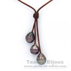 Leather Necklace and 3 Tahitian Pearls Ringed C  10.2 to 10.7 mm