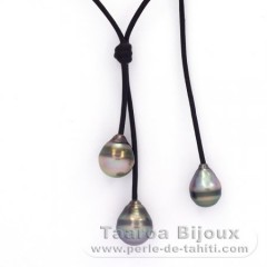 Leather Necklace and 3 Tahitian Pearls Ringed C 9 to 10.4 mm