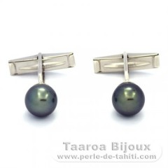 Rhodiated Sterling Silver Cufflinks and 2 Tahitian Pearls Near-Round C 9.3 mm
