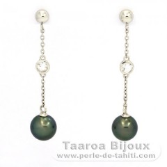 Rhodiated Sterling Silver Earrings and 2 Tahitian Pearls Near-Round B 9.3 mm