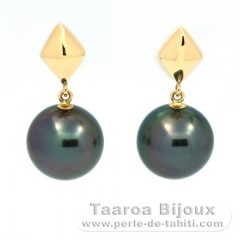 18K solid Gold Earrings and 2 Tahitian Pearls Round B 8.3 mm