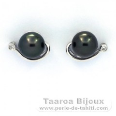 Rhodiated Sterling Silver Earrings and 2 Tahitian Pearls Round B 8.2 mm