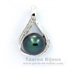14K solid White Gold Pendant + 6 diamonds 0.04 carats VS1 and 1 Tahitian Pearl Round B 8.6 mm