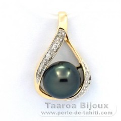 14k Gold Pendant + 6 diamonds 0.04 carats VS1 and 1 Tahitian Pearl Round B 8.2 mm