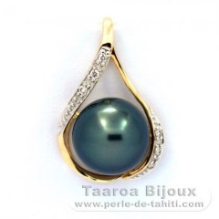 14k Gold Pendant + 6 diamonds 0.04 carats VS1 and 1 Tahitian Pearl Round B 10.4 mm