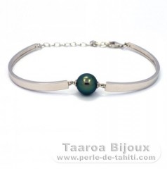 Rhodiated Sterling Silver Bracelet and 1 Tahitian Pearl Round C+ 10.6 mm