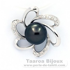 Rhodiated Sterling Silver Pendant and 1 Tahitian Pearl Round C 8.8 mm