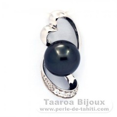 Rhodiated Sterling Silver Pendant and 1 Tahitian Pearl Round C 8.5 mm