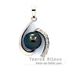 Rhodiated Sterling Silver Pendant and 1 Tahitian Pearl Round C 8.7 mm