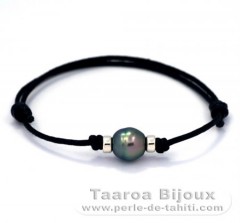 Waxed Cotton Bracelet and 1 Tahitian Pearl Ringed B 9.5 mm