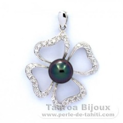 Rhodiated Sterling Silver Pendant and 1 Tahitian Pearl Round C 8.2 mm