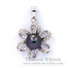 Rhodiated Sterling Silver Pendant and 1 Tahitian Pearl Near-Round C 8 mm