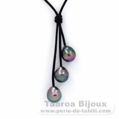 Leather Necklace and 4 Tahitian Pearls Ringed C 9.1 to 10.7 mm