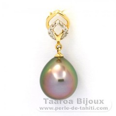 14K solid Gold Pendant + 11 Diamonds 0.04 carats VS1 and 1 Tahitian Pearl Semi-Baroque B 9.6 mm