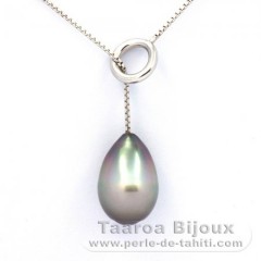 Rhodiated Sterling Silver Necklace and 1 Tahitian Pearl Ringed B 10.7 mm