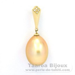 14K solid Gold Pendant + 4 Diamonds 0.02 carats VS1 and 1 Australian Pearl Semi-Baroque A 10.7 mm