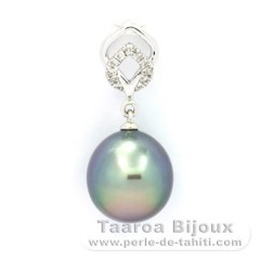 14K solid Gold Pendant + 11 Diamonds 0.04 carats VS1 and 1 Tahitian Pearl Semi-Baroque A 9.2 mm