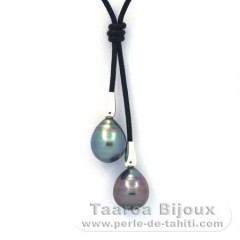 Leather Necklace and 2 Tahitian Pearls Ringed C 10.8 and 11 mm