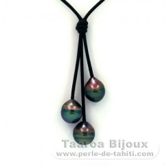 Leather Necklace and 3 Tahitian Pearls Ringed C+  9.9 to 10.3 mm