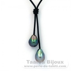Leather Necklace and 2 Tahitian Pearls Baroque C+ 9.5 mm