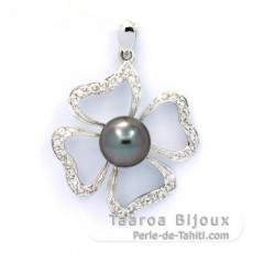 Rhodiated Sterling Silver Pendant and 1 Tahitian Pearl Round C 8.4 mm