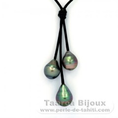 Leather Necklace and 3 Tahitian Pearls Ringed C  10 to 10.9 mm
