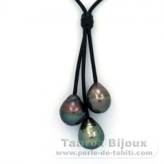 Leather Necklace and 3 Tahitian Pearls Ringed C 10 to 10.7 mm