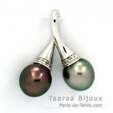 Rhodiated Sterling Silver Pendant and 2 Tahitian Pearls Semi-Baroque B 9.1 and 9.3 mm