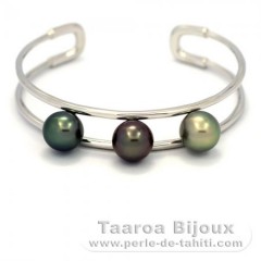 Rhodiated Sterling Silver Bracelet and 3 Tahitian Pearls Semi-Round B 9.9 mm