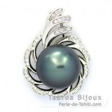 Rhodiated Sterling Silver Pendant and 1 Tahitian Pearl Round C 15 mm