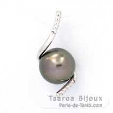 Rhodiated Sterling Silver Pendant and 1 Tahitian Pearl Round C 9.3 mm