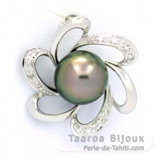 Rhodiated Sterling Silver Pendant and 1 Tahitian Pearl Round C 8.8 mm